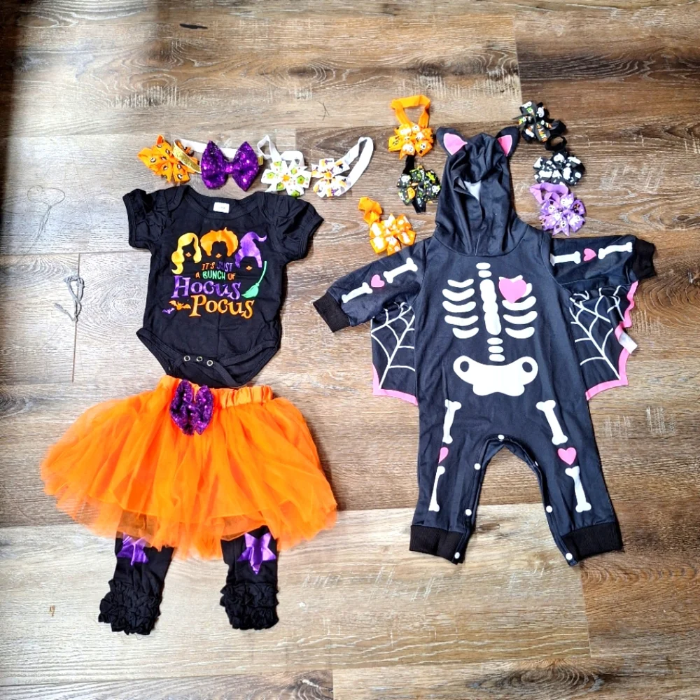 Shen Zhen Qing Halloween Skeleton and Witch Costume Bundle W/Headbands, 3-6M,NWT